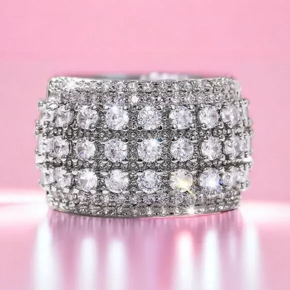 🧊💍Wide Luxurious Silver CZ Diamond 5-Row Sparkle Band Statement Cocktail Ring - Picture 5 of 17